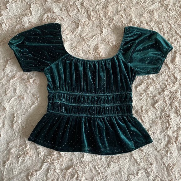 Francesca's Womens Small Green Velvet Puff Sleeve Cropped Peplum Holiday Sparkle - Picture 3 of 9